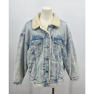 Gap y2k revival Grunge Indie Sleaze Acid Wash Sherpa Lined Denim Bomber Jacket